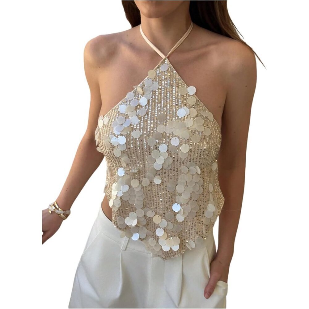 Women's Sequin Backless Crop Top Polyester Trendy Party Tank M